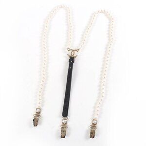 Chanel CC Logo Faux Pearl Leather Belt Suspenders Ivory Black Gold